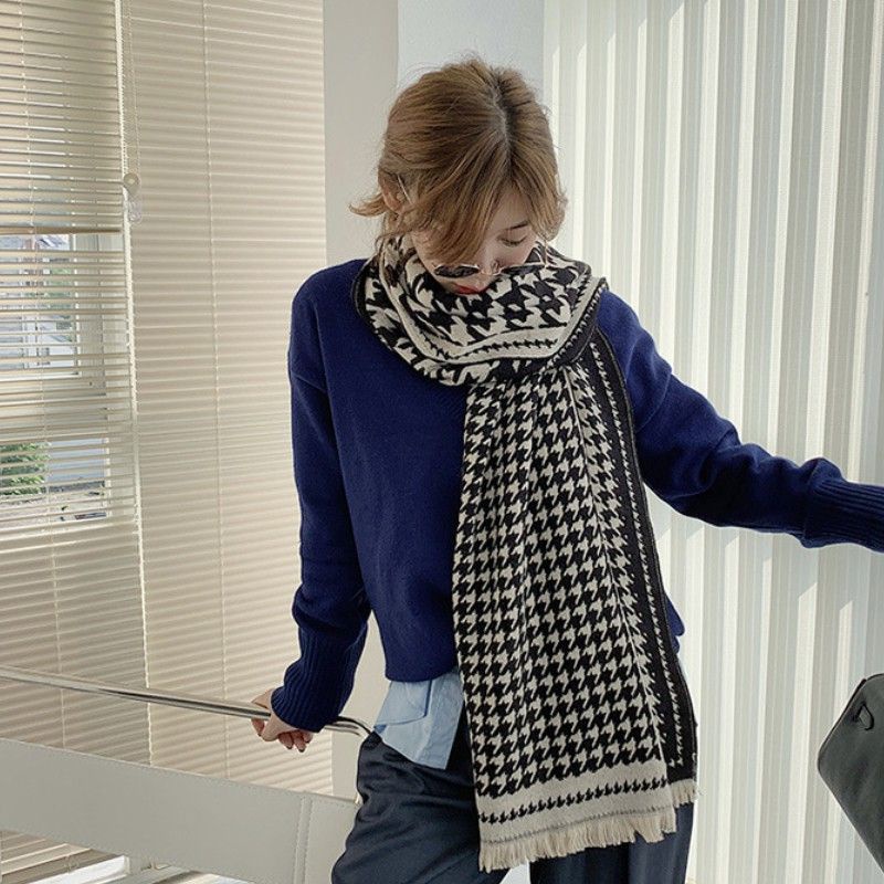 IMPORT WOMAN WINTER HOUNDSTOOTH WOOL LONG SCARF SHAWL SYAL SELENDANG PANJANG WANITA WOL MUSIM DINGIN-1