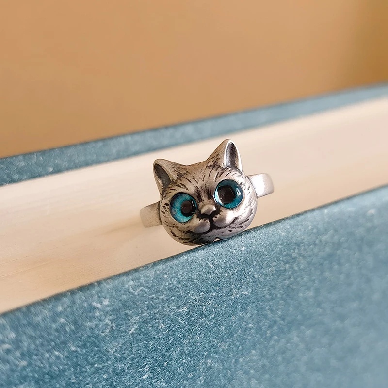 Cincin Bentuk Kucing Mata Biru Gaya Vintage Adjustable Untuk Unisex