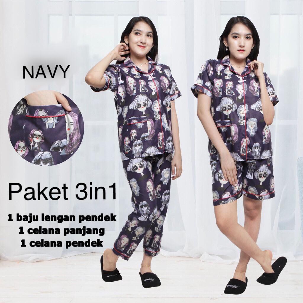 JNV Piyama Dewasa CP 3in1 Motif Karakter Kartun 01 - Baju Tidur 3in1 - Bahan Katun-Retro Navy