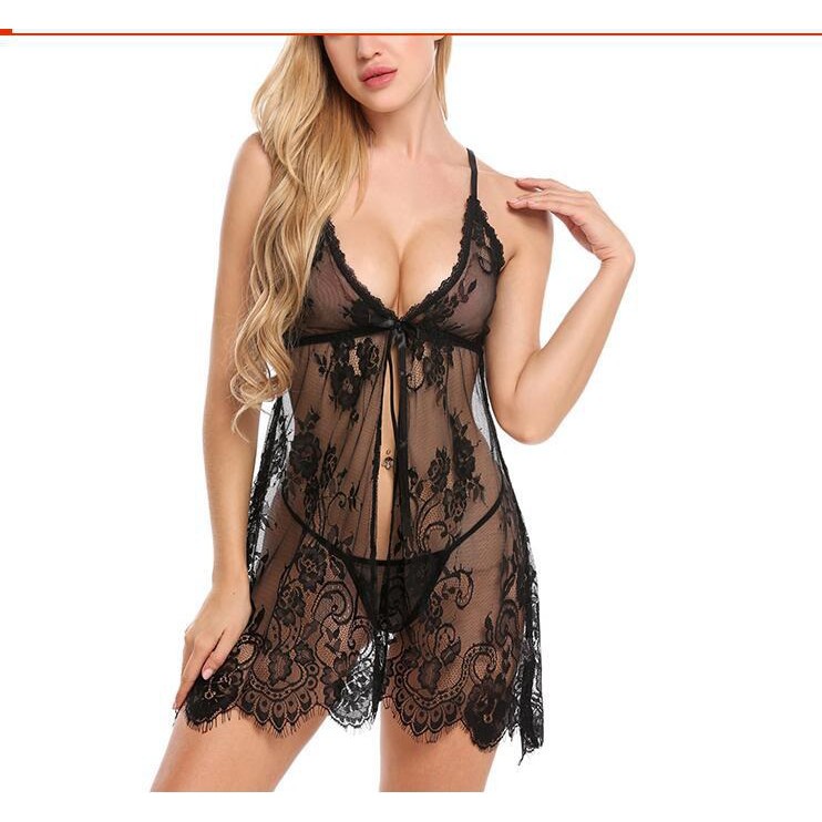 Sexy Lingerie Wanita Baju Tidur Transparan Lace Sleepwear Seksi-hitam