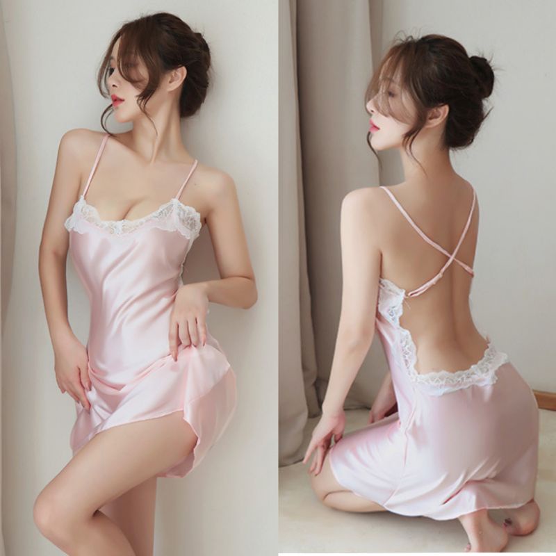 Night Dress Lingerie Gaun Malam Tali Silang Belakang Bahan Satin Halus