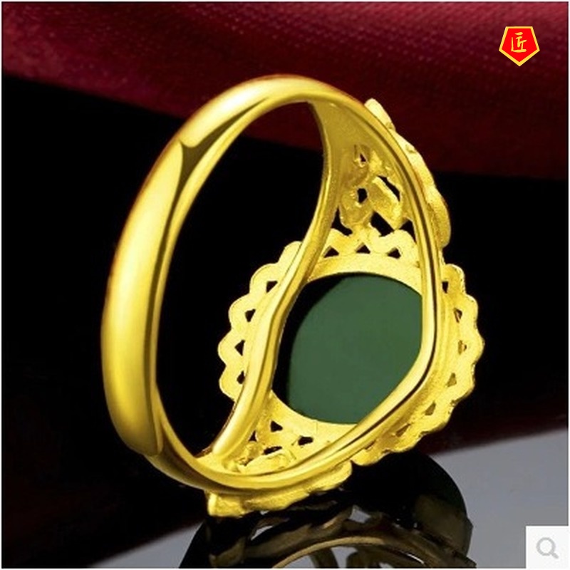 [Ready Stock]Women's Gold Inlaid with Jade Ring Hetian Jade Elegant Graceful