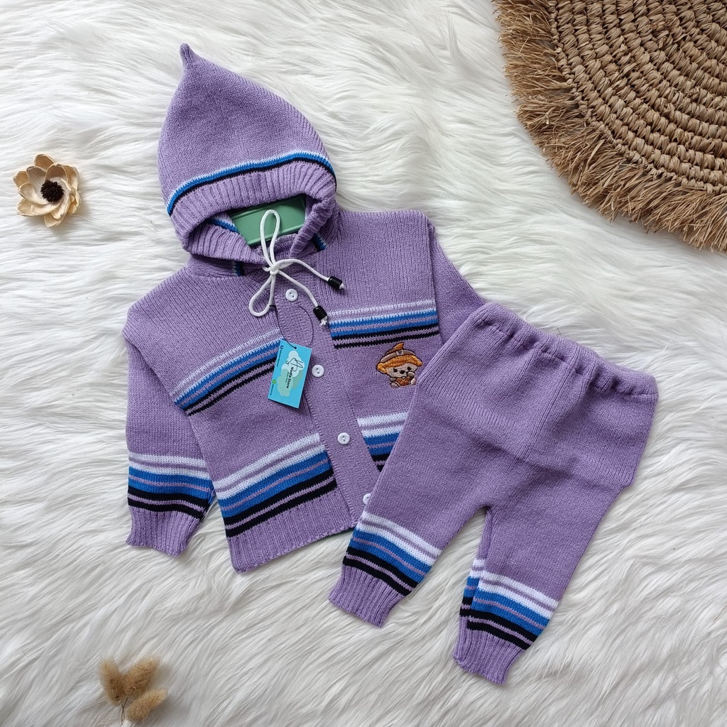 Setelan sweater rajut salur 0-6 bulan