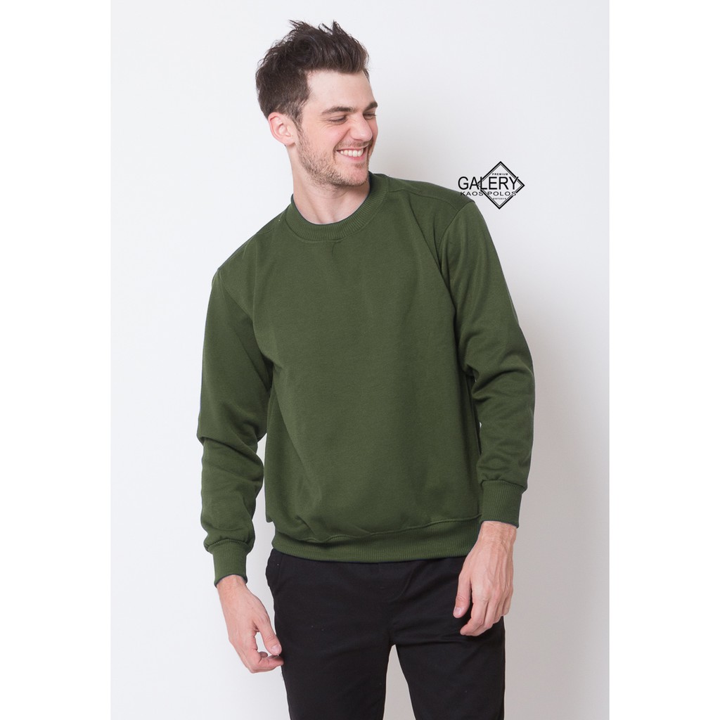 Galery Basic Sweater [HARGA PABRIK] CREWNECK Bahan Cotton Fleece Premium Lembut Unisex Cewek Cowok-Sweater Army 