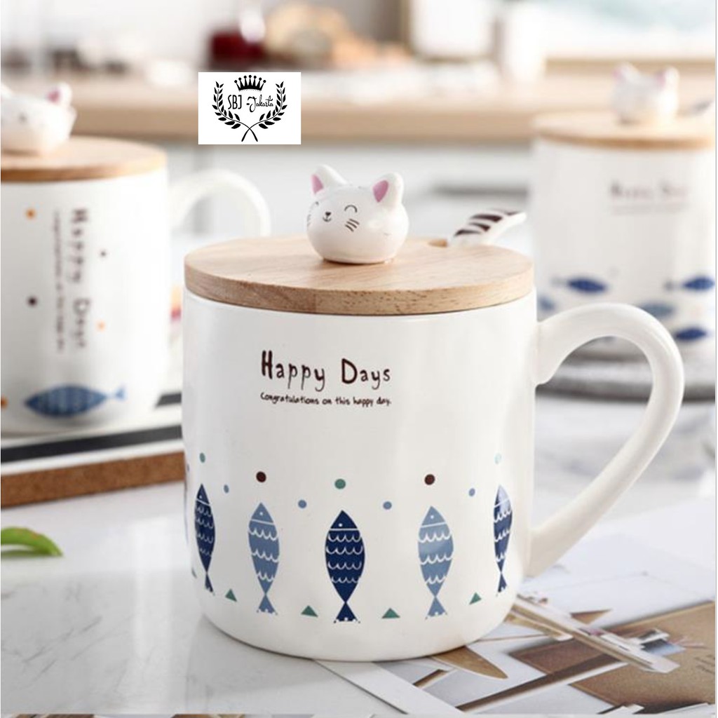 Cangkir Keramik Cats Happy Day Gift Set Ceramic Mug 380 ml dgn sendok