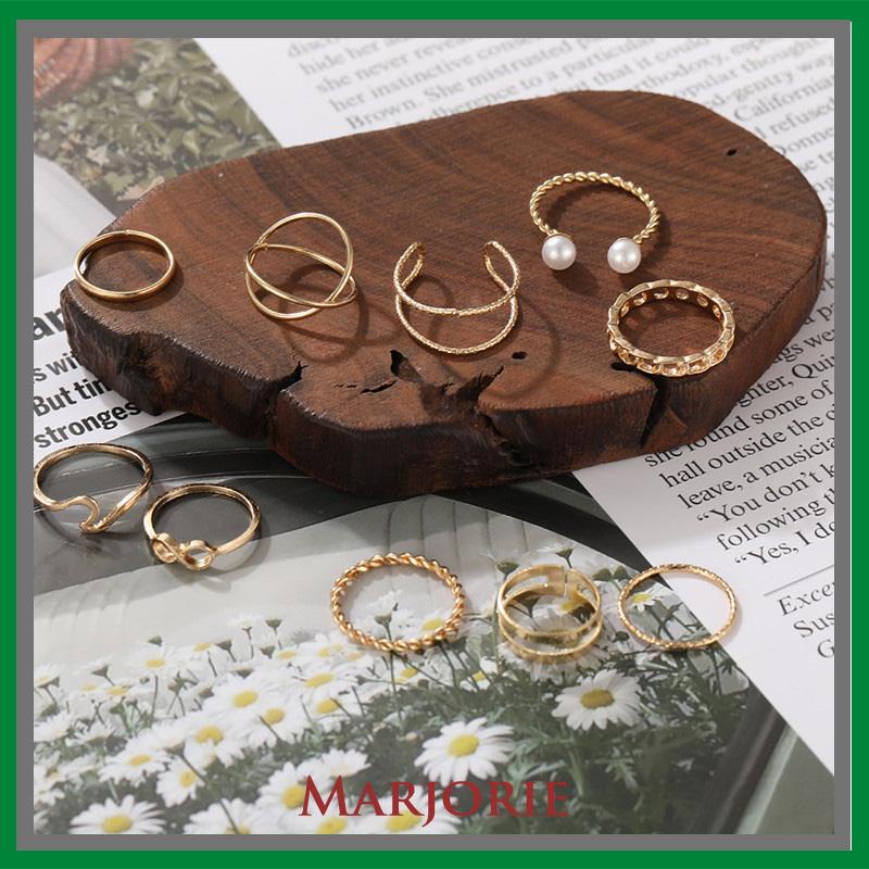 10 Buah Set Wanita Kreatif Sederhana Manik-manik Ganda Cincin Gabungan Geometri Gelombang Mutiara-MJD