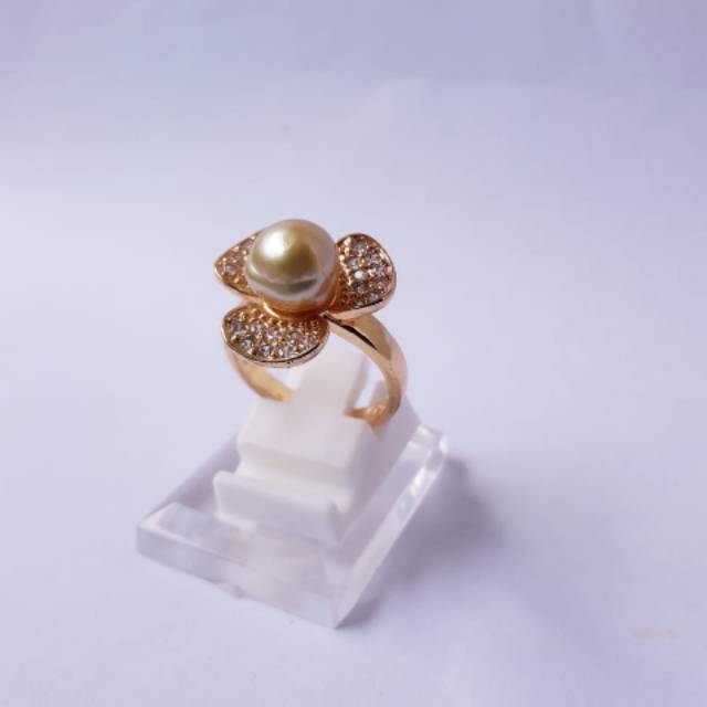 Cincin Mutiara Laut Barok Gold / Mutiara Lombok Asli