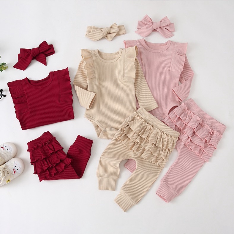 A113- NEW Set  baju jumper dan celana dengan bandana  /pakaian romper bayi  perempuan bandana polos