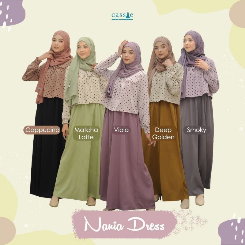 Cassie Gamis Nania Motif Kombinasi Polos & Polkadot Bahan Cey Crinkle & Rose Crepe Bukaan Resleting 