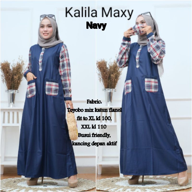 Gamis Polos Katun Toyobo Mix Kotak Kotak Saku Depan Busui