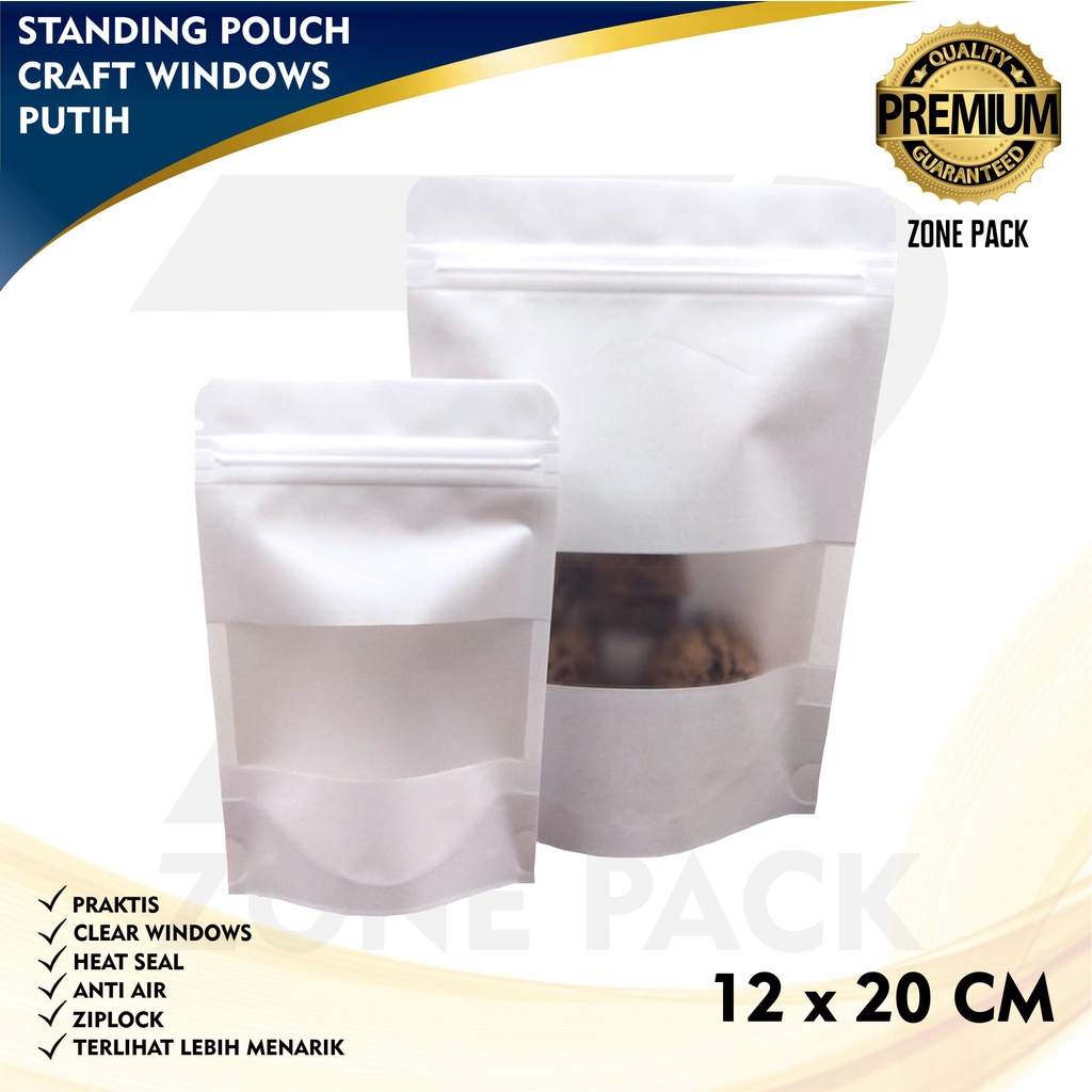 Standing Pouch Craft Windows Warna Putih Ukuran 12x20cm I Kemasan Kopi I Kemasan Paper Ziplock