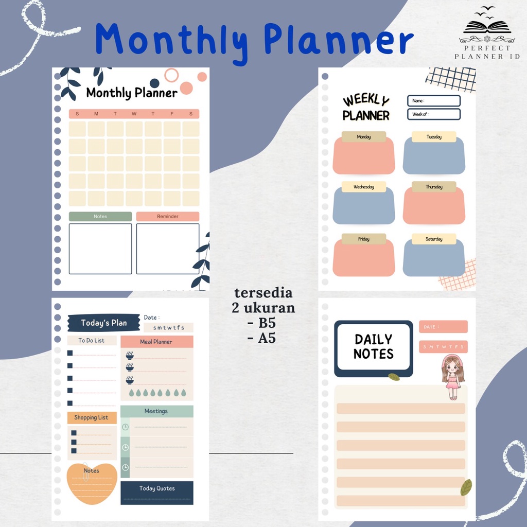 

Monthly Planner, Weekly Planner, Daily Planner, Notes, Isi Binder, Kertas Binder, B5 isi binder, A5 Isi Binder