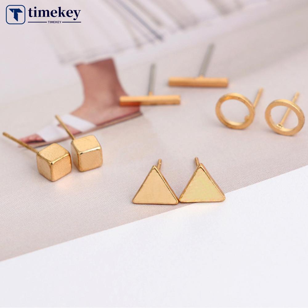 Timekey 4PCS / Set Anting Tusuk Bentuk Geometri Segitiga / Kotak / Lingkaran Untuk Wanita A7K3