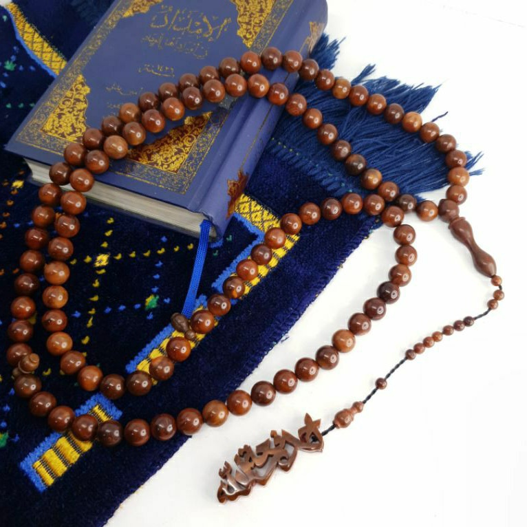 Tasbih Kayu Kaukah Asli 8.5mm Coklat Custom Nama Timbul Huruf Latin Arab - Model  kokka Bulat besar