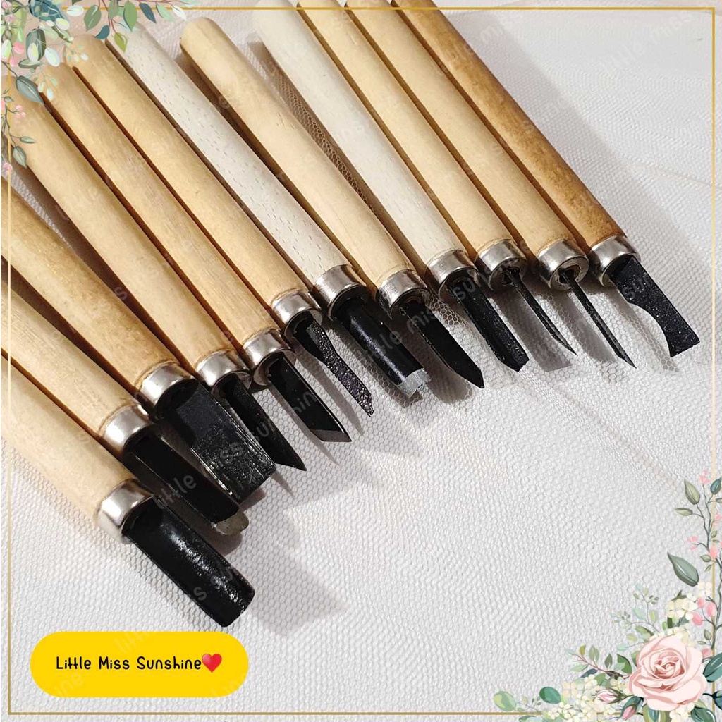 1 set isi 12pc Mata Pisau Pegangan Kayu Art Seni Memahat Pahatan Clay Motong Pemotong Wood Carving Chisel pisau ukir seni tanah liat buah kertas kayu DIY DYE  Peeler Runcing Gunting Peralatan Grosir termurah Little Miss Sunshine terbaik Malang