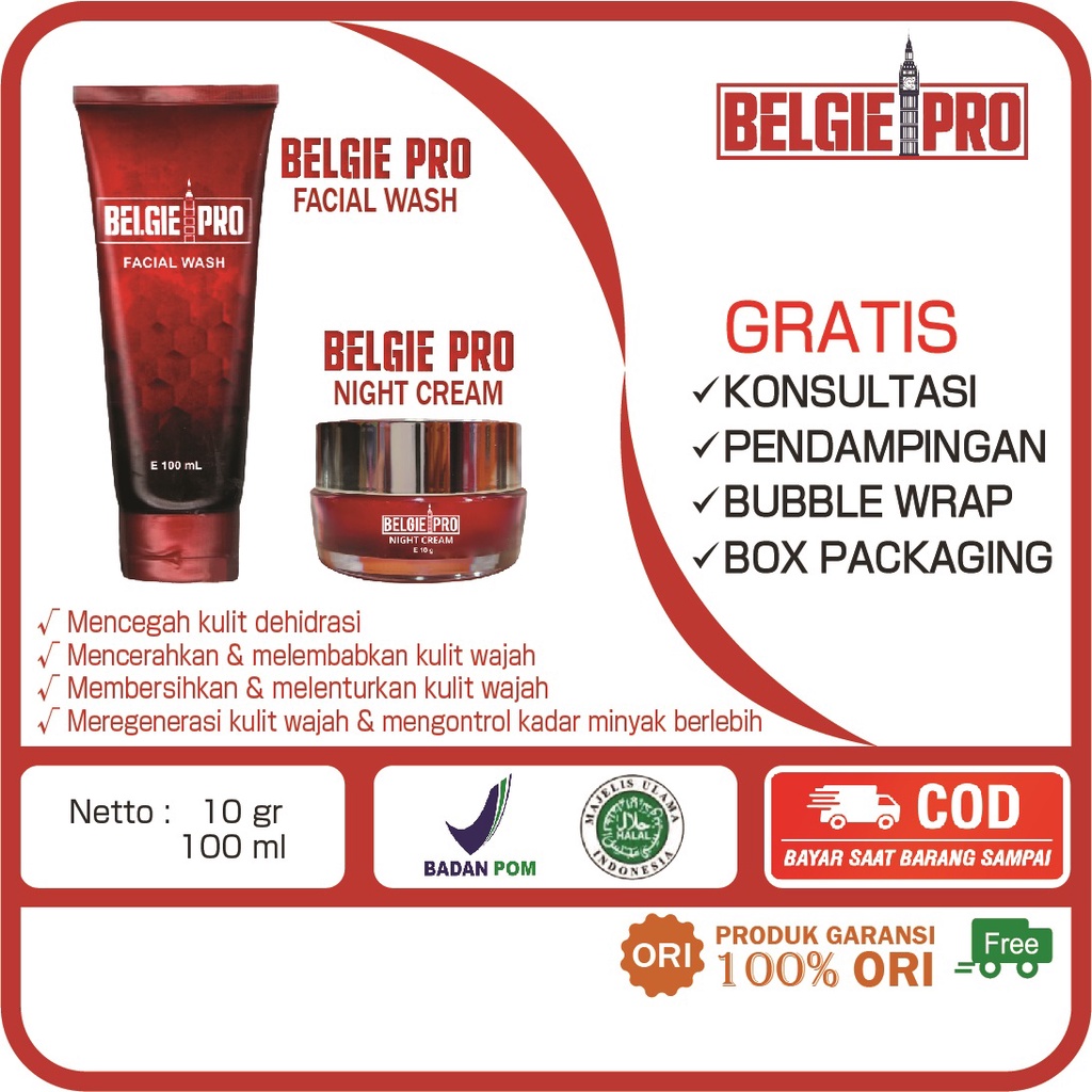 Belgie Pro Paket Skincare Facial Wash 100ml Night Cream 10gr Treatment Jerawat Anti Acne Penghilang 