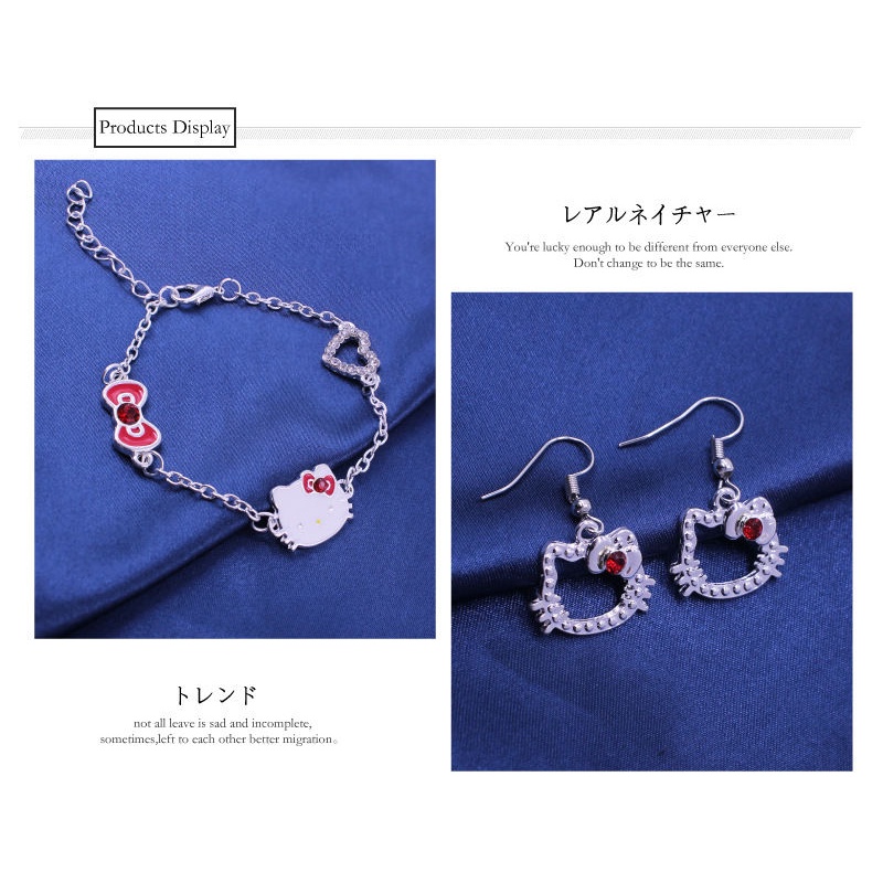 Gaya Korea Siswa Perempuan Lucu set Perhiasan Kartun Hello Kitty Ruby Kucing Gelang Anting Kalung Trendi Baru