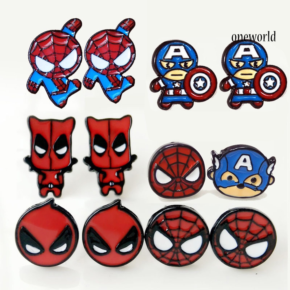 OW@ Fashion Spider Man Deadpool Captain America Cartoon Enamel Ear Studs Earrings