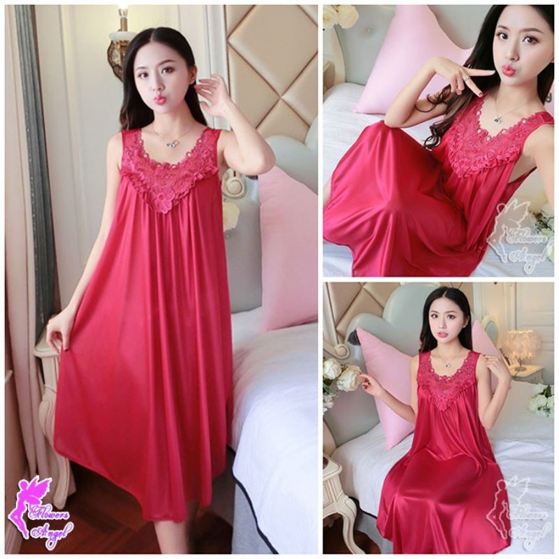 Daster tidur wanita Oversize jumbo satin blen lace impor.