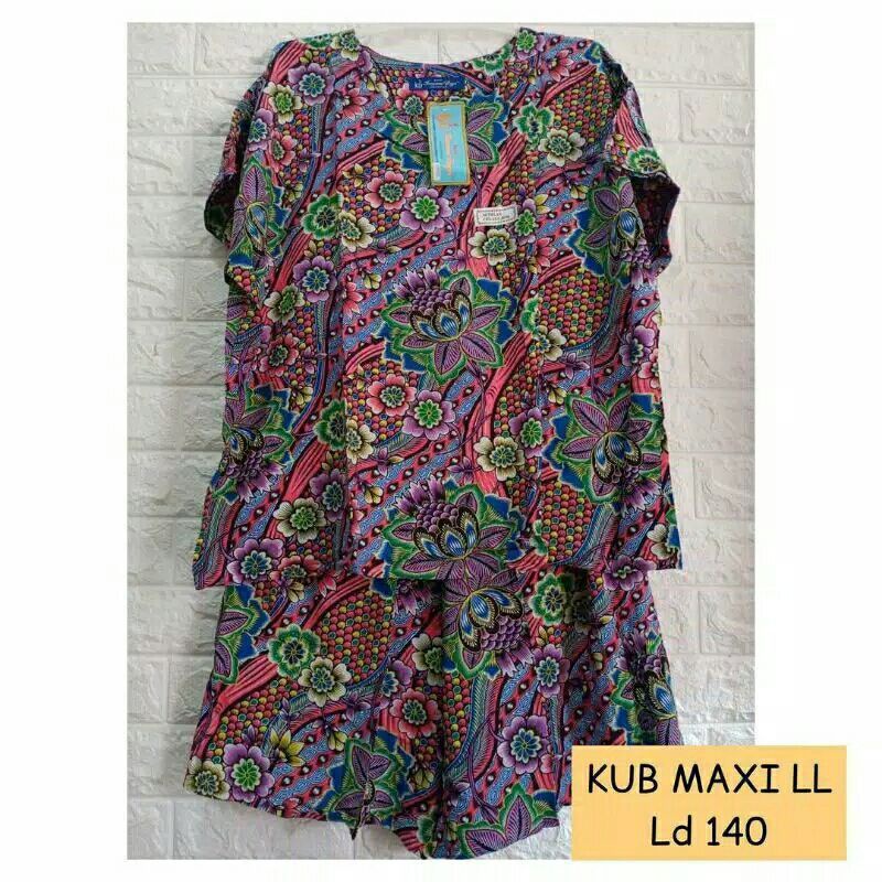 SETELAN KULOT KENCANA UNGU BABYDOLL MAXI LL SUPER JUMBO MOTIF BATIK LABEL BIRU TAMPA KANCING TERLARI