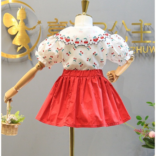 SETELAN ANAK CEWEK IMPORT / BAJU ROK MOTIF CHERRY RED