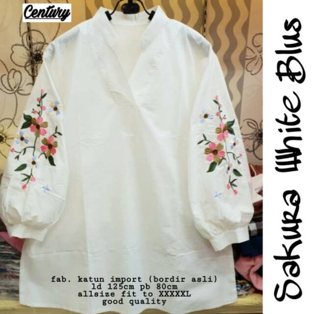 Blouse Jumbo Sakura White Blouse, matt Katun Import bordir asli