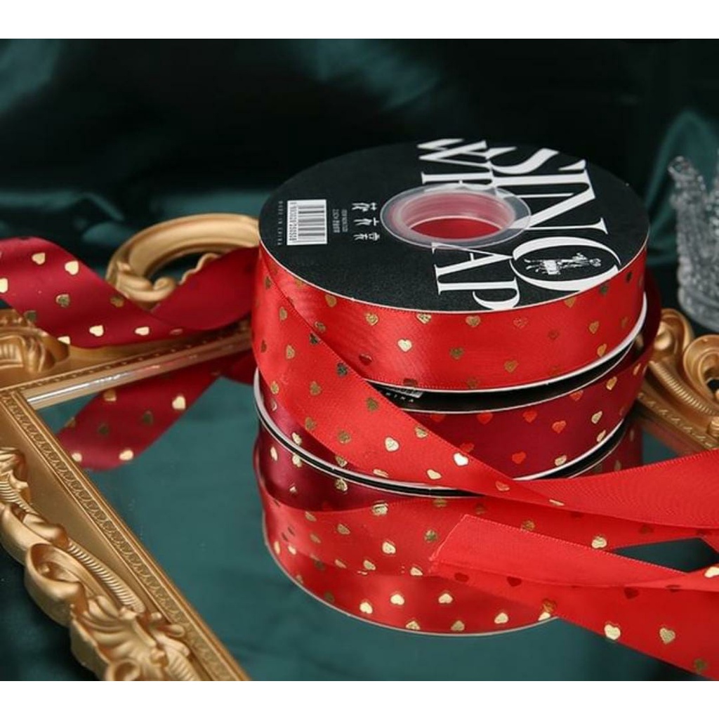 Pita Satin 1 inch 2,5 cm Motif LOVE EMAS Premium 40 Yard Hampers Kado Buket