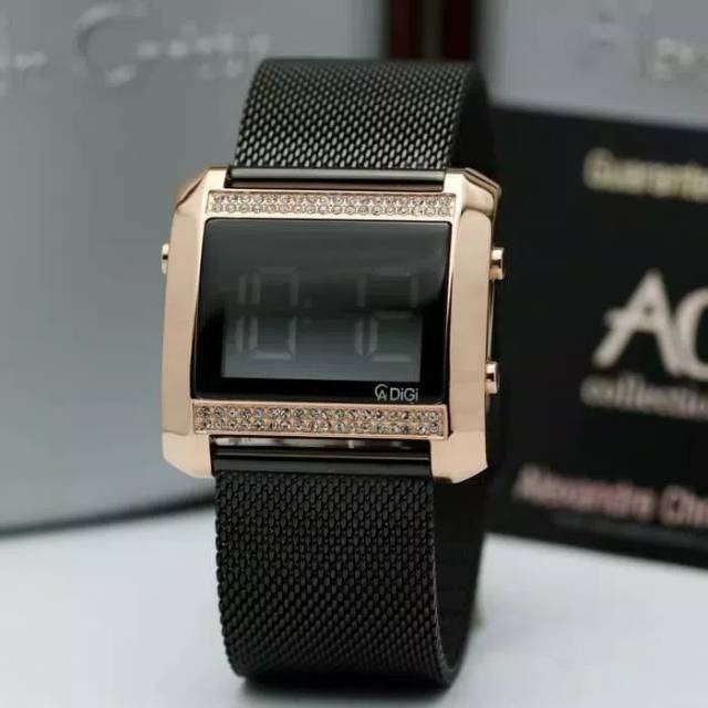 JAM TANGAN CEWEK / WANITA ALEXANDRE CHRISTIE BLACK ROSE GOLD RANTAI PASIR AC 9223 ROSEGOLD HITAM ORI