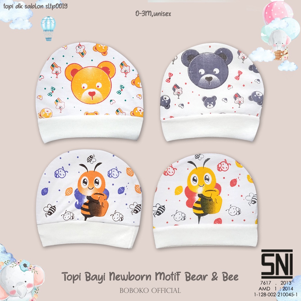 1234OS  - Topi Bayi Newborn Motif Bee &amp; Bear Usia 0 - 12 Bulan.