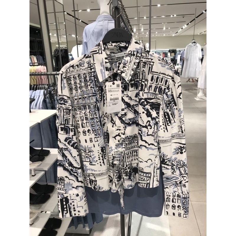 Zara Women’s - Kemeja Crop top motif Marocco Lengan panjang