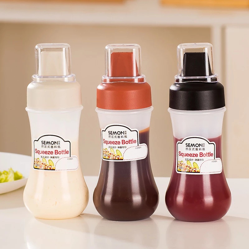 [350ml Portable Squeeze Sauce Bottle with Lid] [5 Hole Spice Dispenser with Scale] [Cooking Oil &amp; Honey &amp; Ketchup Dispensing Bottle] [Squeeze Bottle]