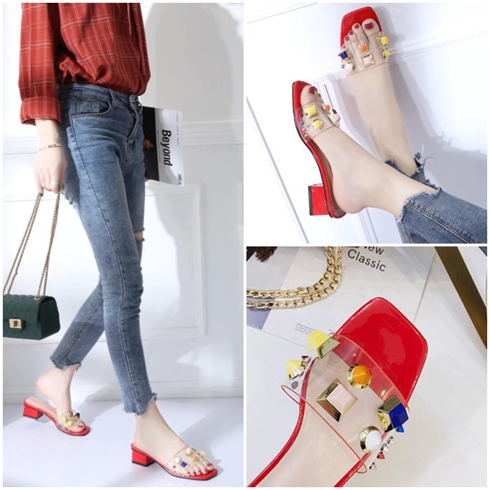 BJS852 - RED/WHITE - Sepatu Heels Blok Import Wanita Elegan 5CM SANDAL PESTA WANITA HIGH HEELS SANDAL HAK TRANSPARAN BENING FASHION IMPORT TERMURAH TERLARIS TERBARU BAGSTORE JAKARTA JSH852