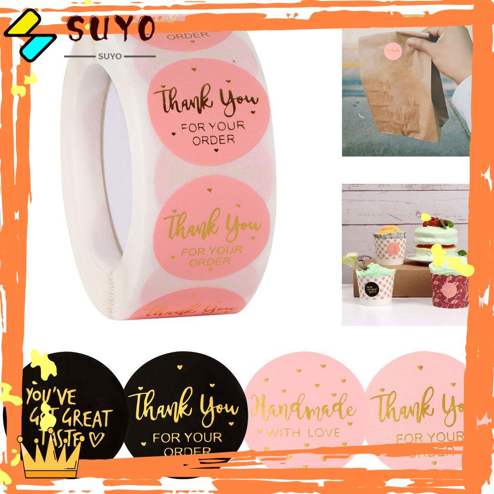 Suyo 500pcs Stiker Roll Tulisan Thank You Bahan Kertas Kraft Mudah Digunakan