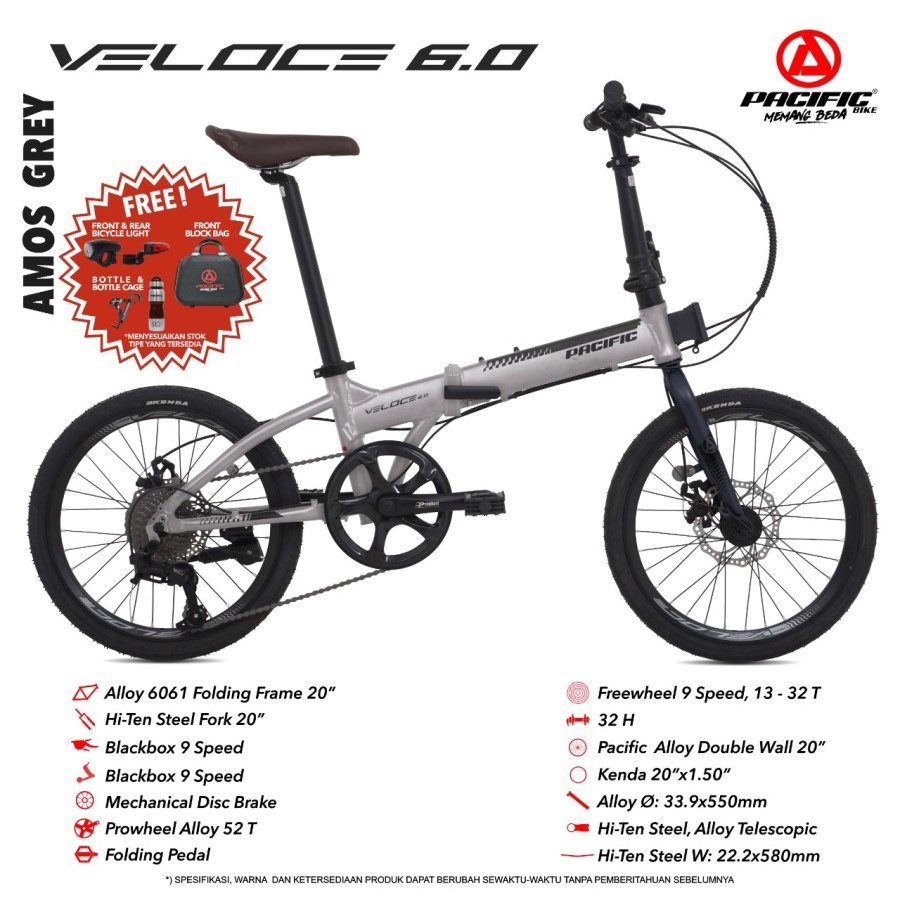 SEPEDA LIPAT PACIFIC VELOCE 6.0 20” 9 SPEED FRAME ALLOY MECHANICAL DISC BRAKE BICYCLE FOLDING BIKE