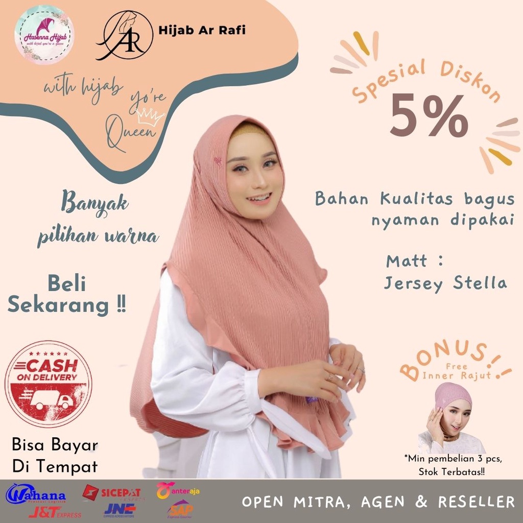 Jilbab Arrafi Terbaru AR 558 Ped Antem Hijab ModelKain Plisket Matt Jersey Stella Variasi Rampel Dep