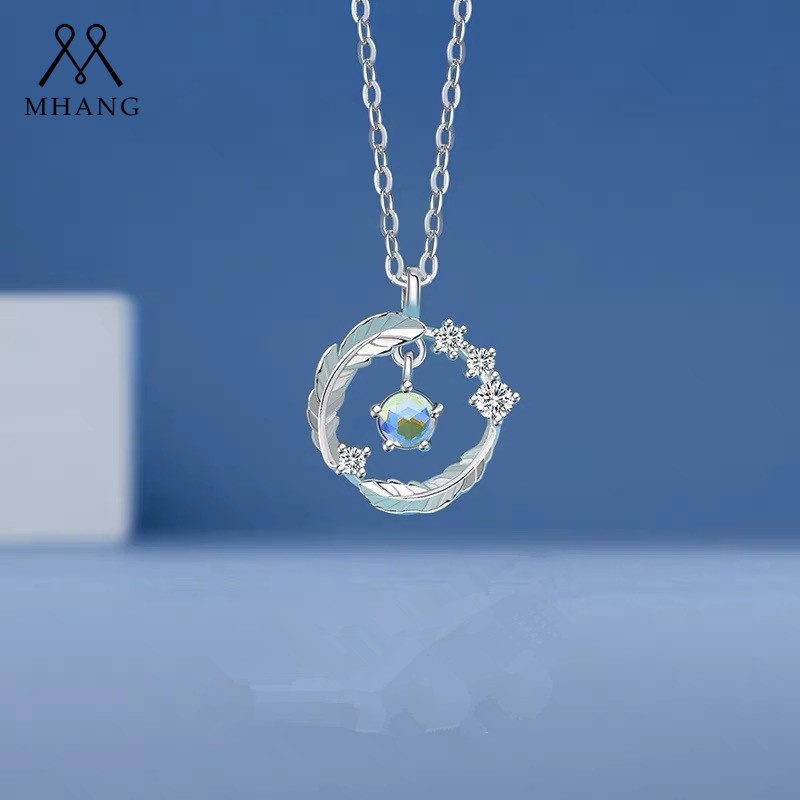 Kalung Rantai Liontin Lingkaran Geometris Bulu Bahan Zirkon Warna Silver Gaya Korea Untuk Wanita