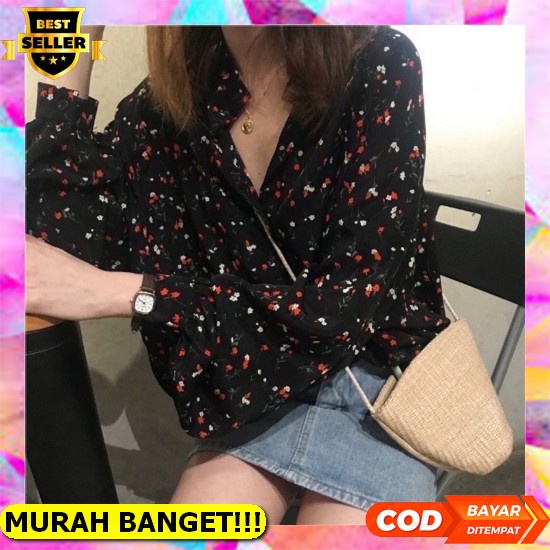 7292 Baju Blus Blouse Kemeja Lengan Pendek Leher Vi Neck Renda Motif Bunga Bunga Kecil Lengan Rempel