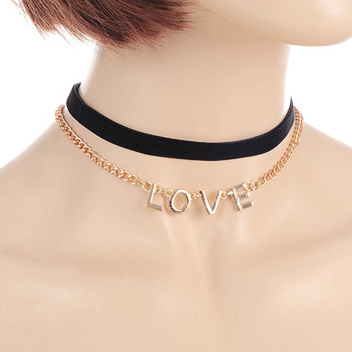 Kalung Choker Korea Premium Hitam Double Layer Terpisah Liontin Love Emas C78019