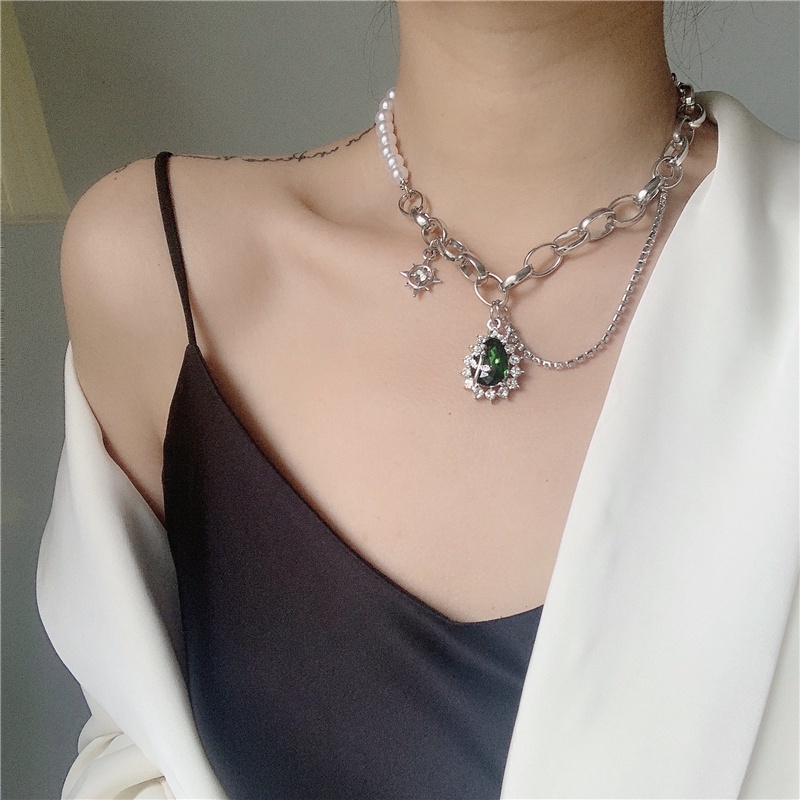 Green Rhinestone Stitching Pearl Necklace Accessories Trendy Personality Clavicle Chain