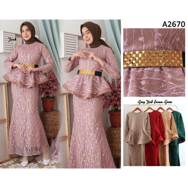 Fashion wanita  #202, gamis peplum duyung, scuba kombinasi tile bordir free belt