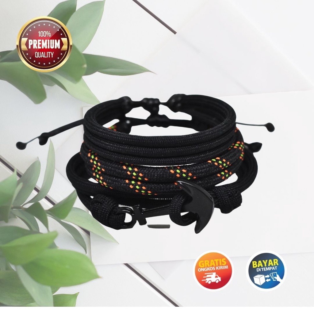 Gelang Hitam Pria Cowok Laki Laki Tangan Set Paket Pendaki Gunung Outdoor Jangkar Paracord Bracelet Murah