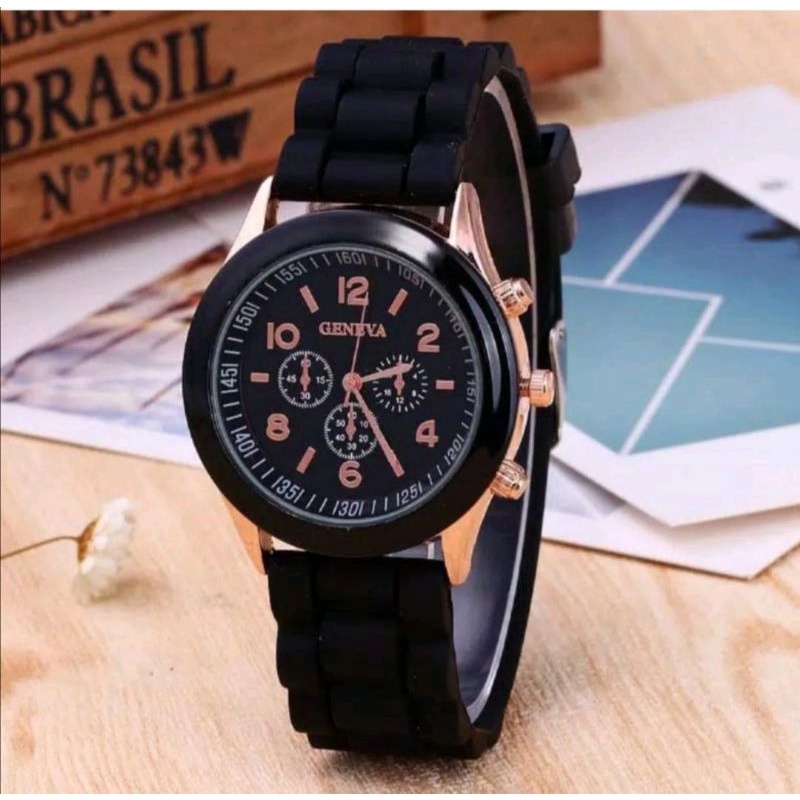Jam Tangan GENEVA Wanita Pria COUPLE Analog Fashion-Hitam