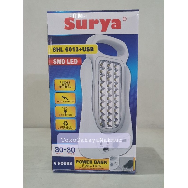 Lampu Emergency Rechargeable Surya 2 Sisi SHL 6013+USB Power Bank Function