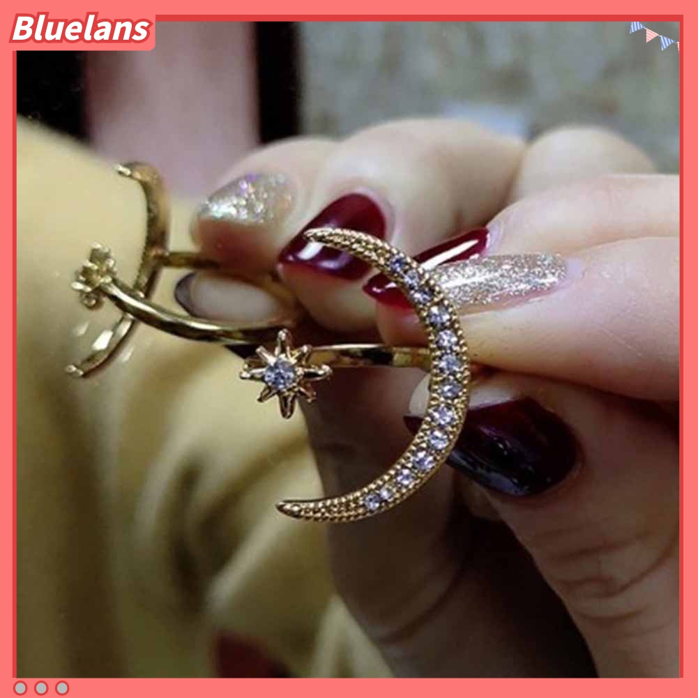 Cincin Model Terbuka Desain Bulan Bintang Aksen Berlian Imitasi Untuk Wanita