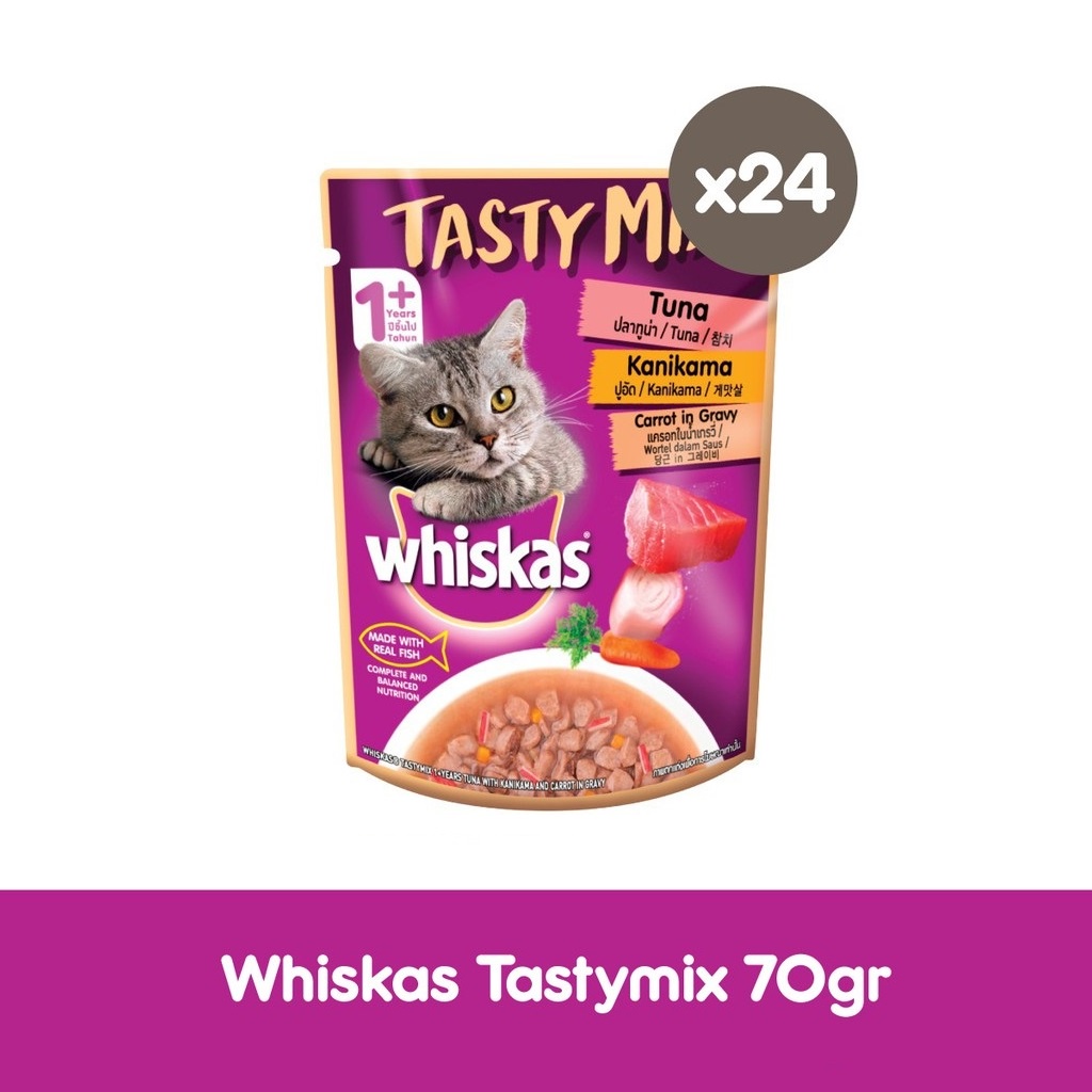 WHISKAS® Tasty Mix Makanan Kucing Basah Pouch 70gr - Isi 24
