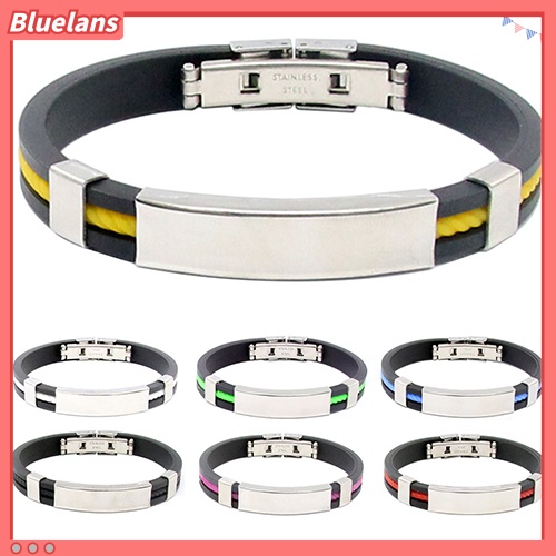 Bluelans Men Women Cool Stainless Steel Rubber Wristband Bangle Clasp Cuff Bracelet