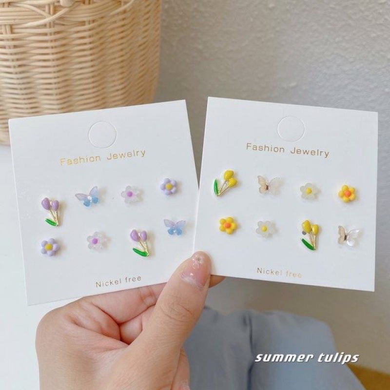 4 Pasang / Set Anting Stud Desain Bunga Butterfly Warna-Warni Gaya Korea Untuk Aksesoris Perhiasan Wanita