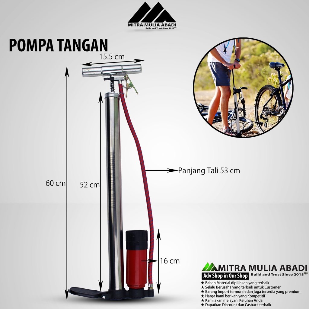 Pompa Angin Sepeda Motor Bola Tangan Standart 100psi 7bar Stainless | WANLY