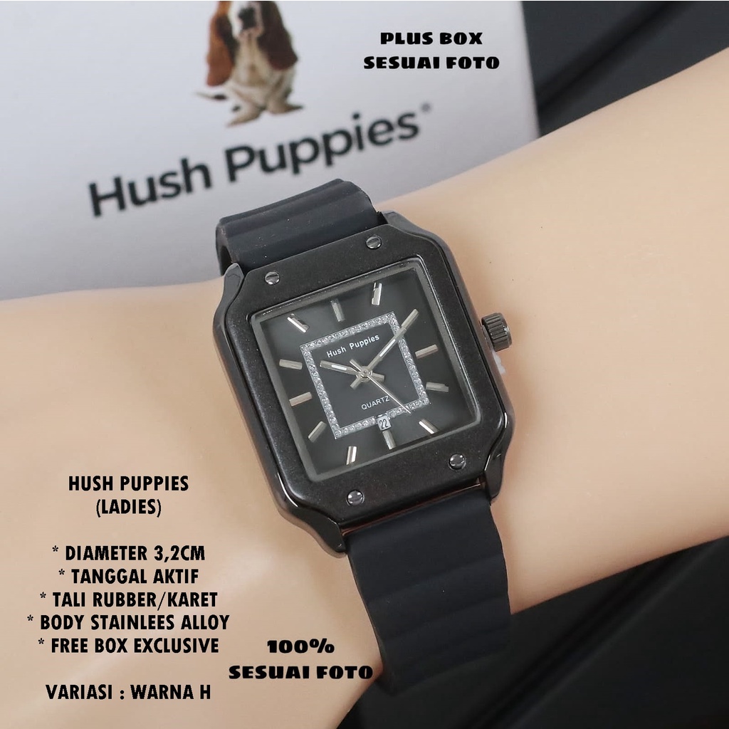 (FREE BOX) JAM TANGAN WANITA HUSH PUPPIES TALI RUBBER BODY SEGI TANGGAL AKTIF