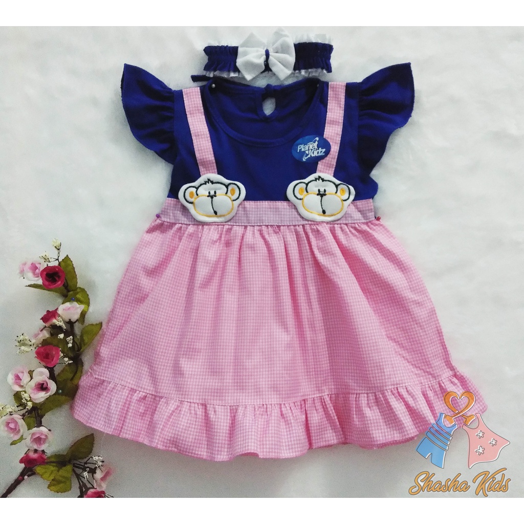 [S-01] Baju Bayi Perempuan/Dress Bayi  Perempuan Planet Kids monyet  Murah   0-6 bln Bonus BANDANA